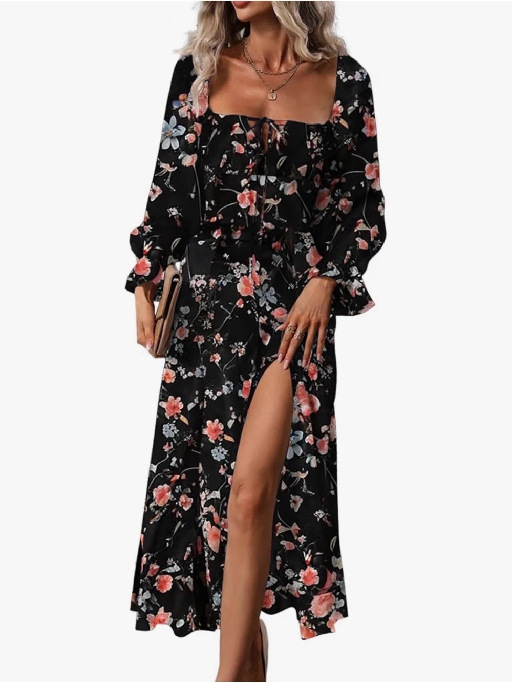 Black Floral Square-Neck Maxi Dress with Front Slit